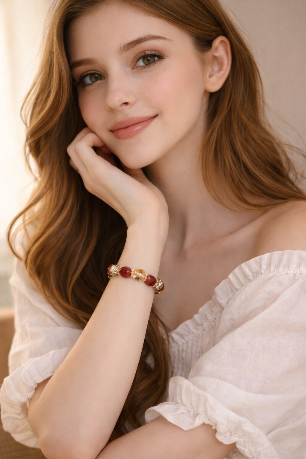 Natural Red Agate & Citrine Beaded Bracelet — Handcrafted Crystal Jewelry