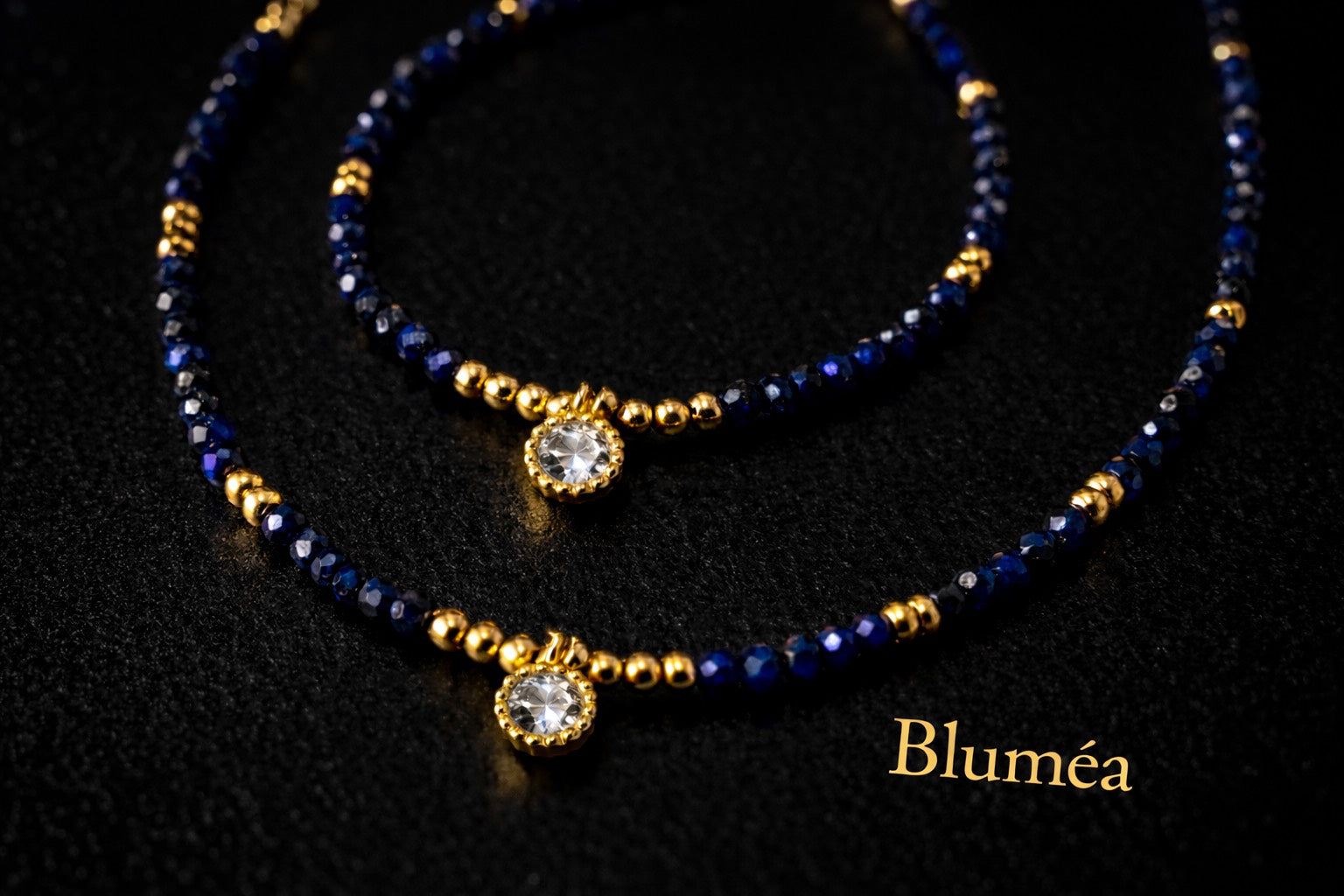 Bluméa Faceted Lapis Lazuli Jewelry Set – Gold-Plated Beaded Necklace & Bracelet with Cubic Zirconia Pendant