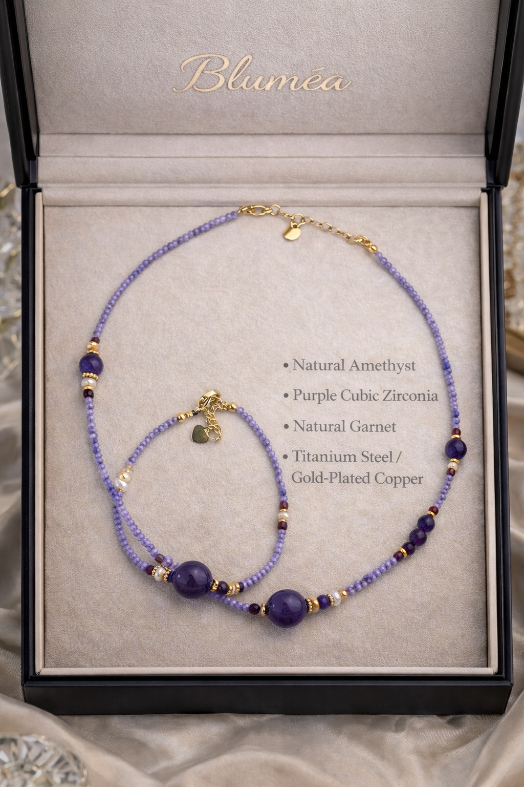 Bluméa Natural Amethyst & Garnet Necklace + Bracelet Set
