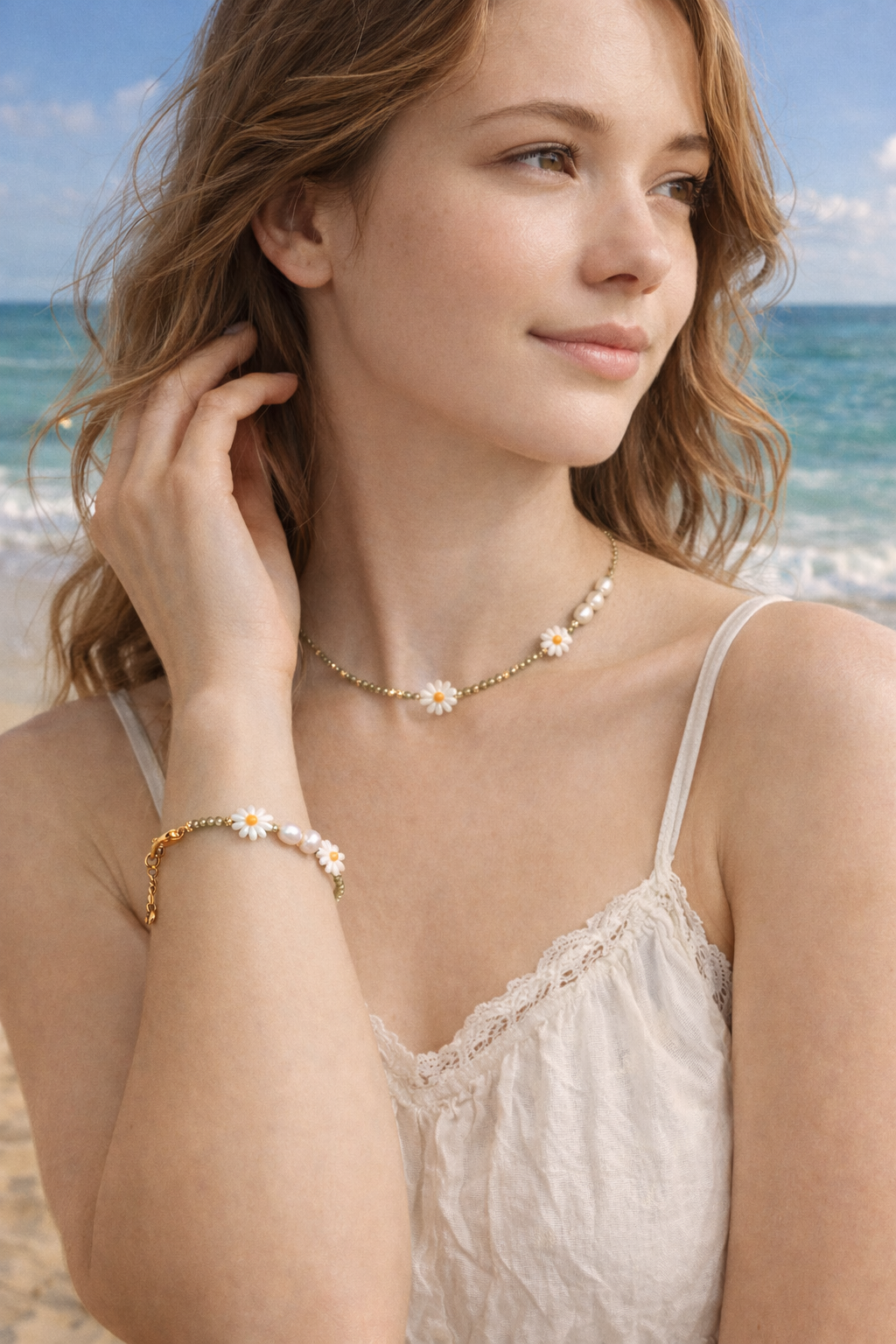 Bluméa Daisy Pearl Necklace & Bracelet Set – Freshwater Pearl & Shell Floral Jewelry