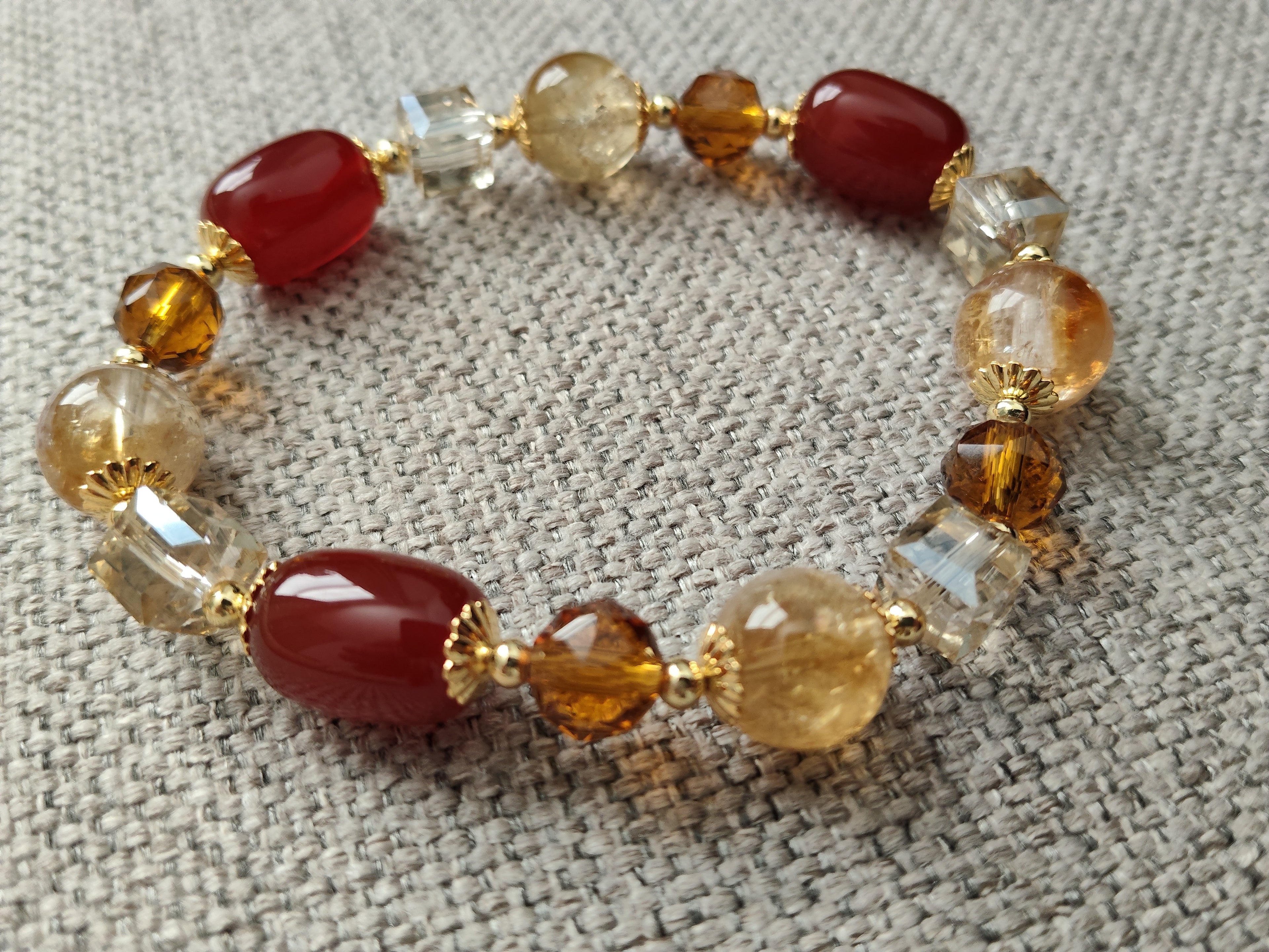 Natural Red Agate & Citrine Beaded Bracelet — Handcrafted Crystal Jewelry
