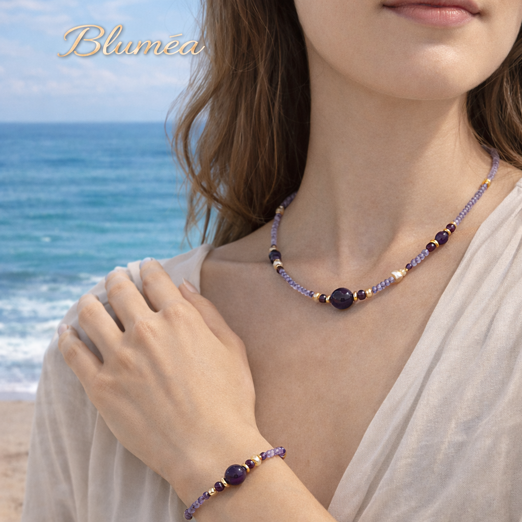 Bluméa Natural Amethyst & Garnet Necklace + Bracelet Set