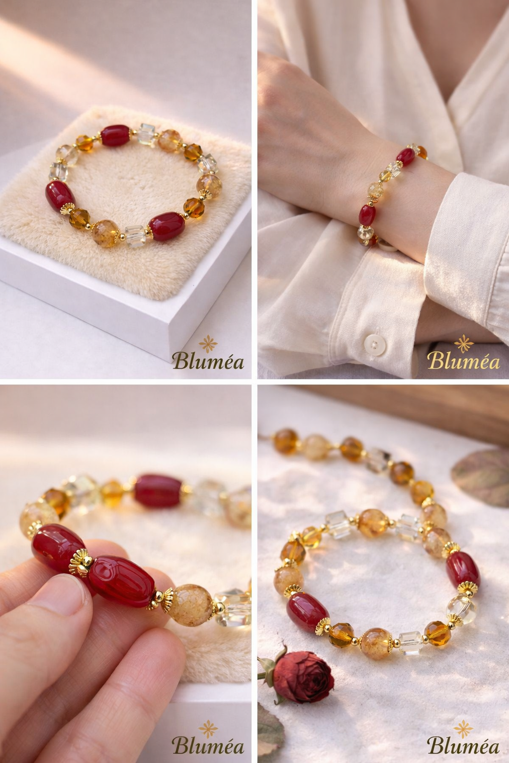 Natural Red Agate & Citrine Beaded Bracelet — Handcrafted Crystal Jewelry