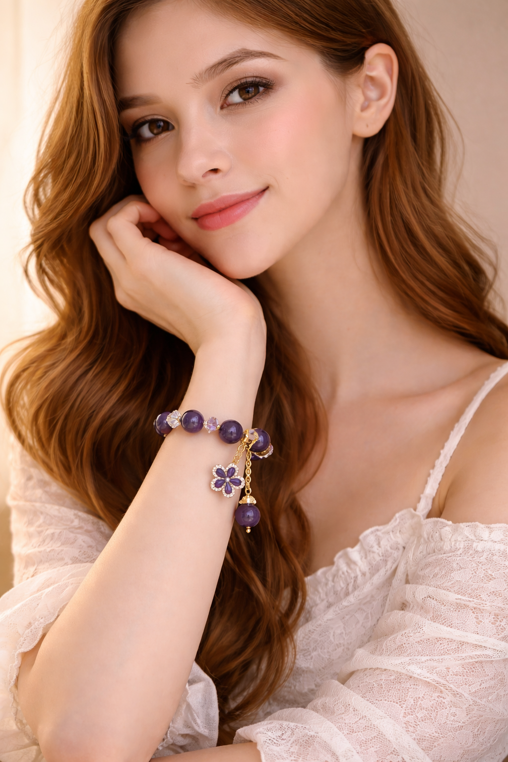 Natural Amethyst Bracelet • Purple Crystal Beaded Bracelet • Handmade Gemstone Jewelry • Floral Charm Bracelet • Gift for Her