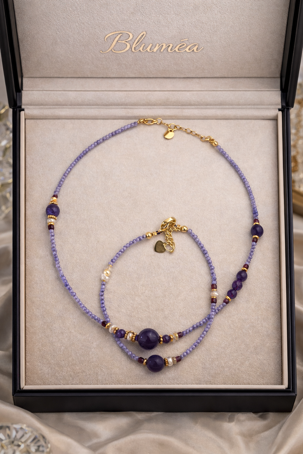 Bluméa Natural Amethyst & Garnet Necklace + Bracelet Set