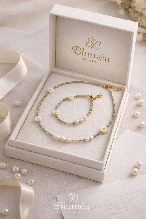 Bluméa Daisy Pearl Necklace & Bracelet Set – Freshwater Pearl & Shell Floral Jewelry