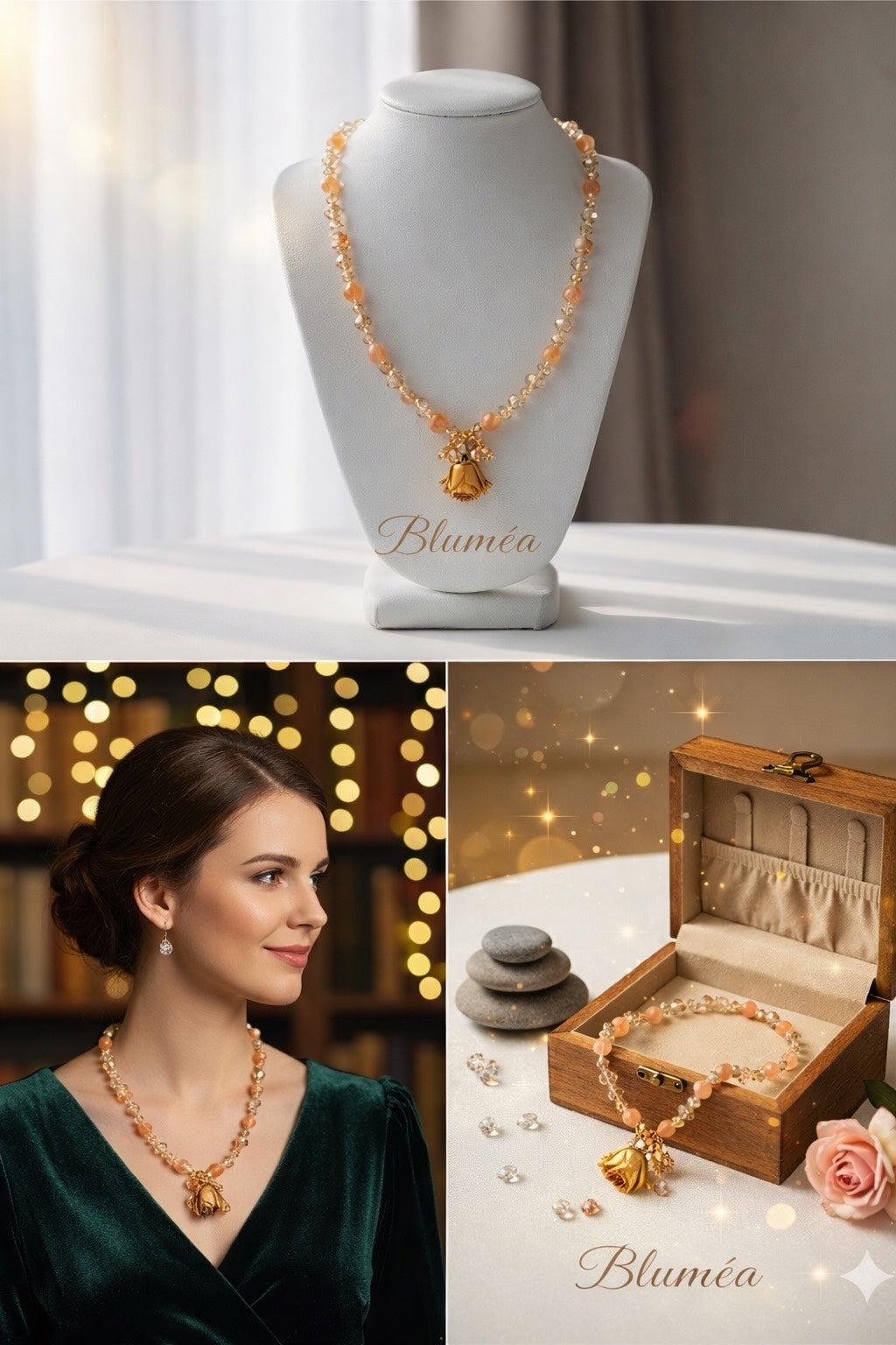 Golden Rose – Natural Candy Agate & Dried Rose Pendant Necklace