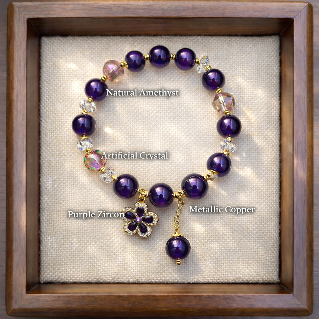 Natural Amethyst Bracelet • Purple Crystal Beaded Bracelet • Handmade Gemstone Jewelry • Floral Charm Bracelet • Gift for Her