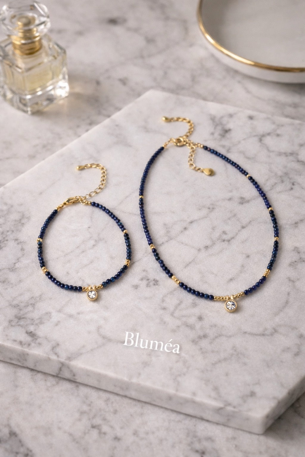 Bluméa Faceted Lapis Lazuli Jewelry Set – Gold-Plated Beaded Necklace & Bracelet with Cubic Zirconia Pendant