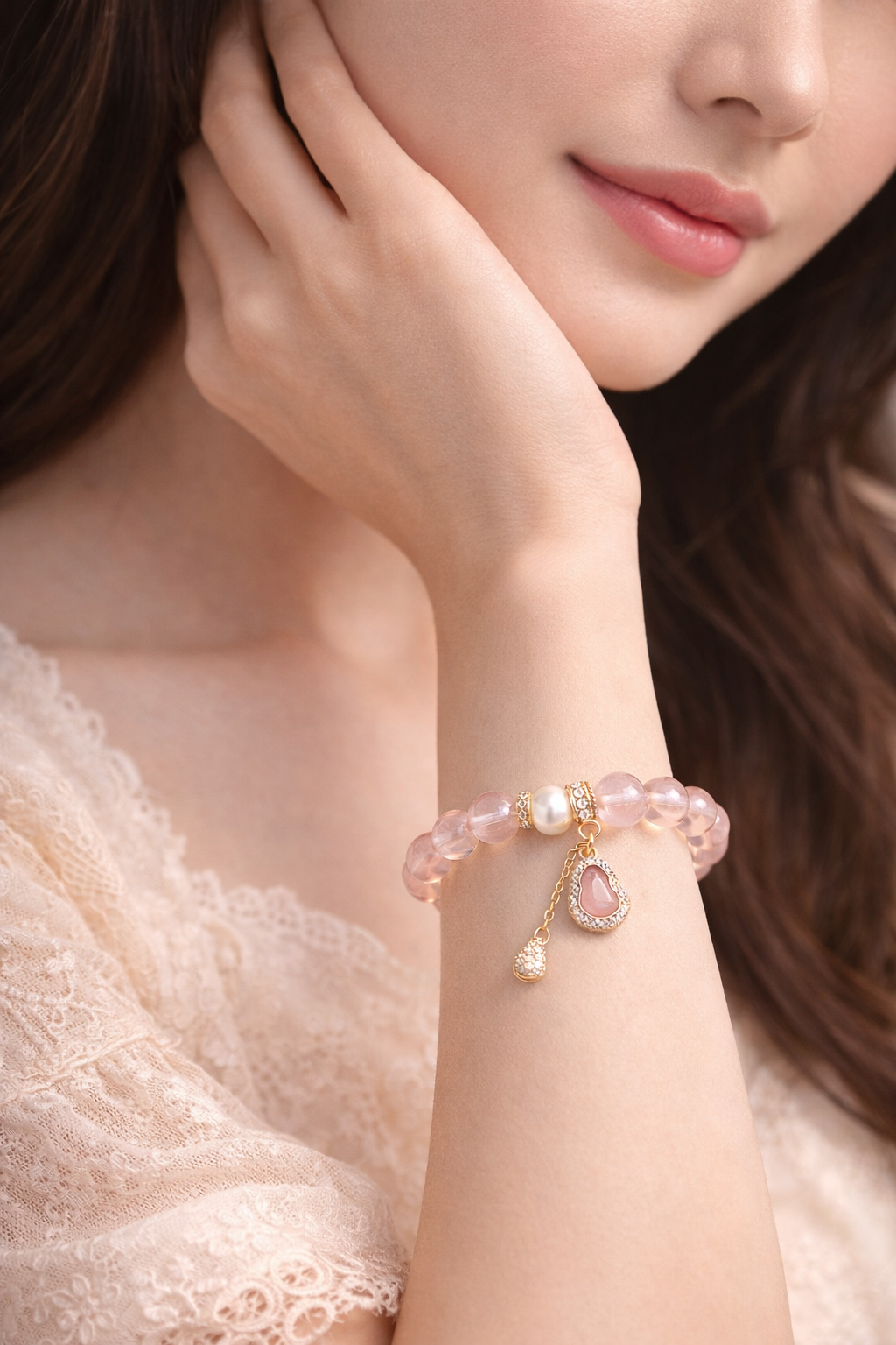 ✨ Bluméa Rose Quartz Pearl Charm Bracelet