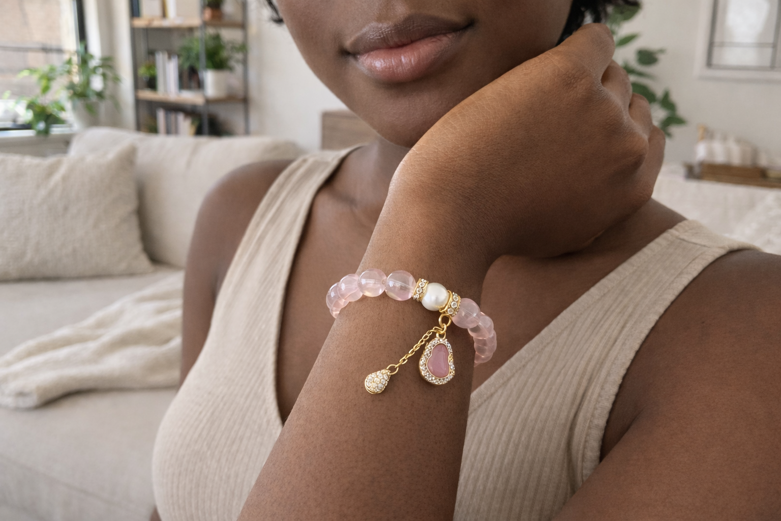 ✨ Bluméa Rose Quartz Pearl Charm Bracelet