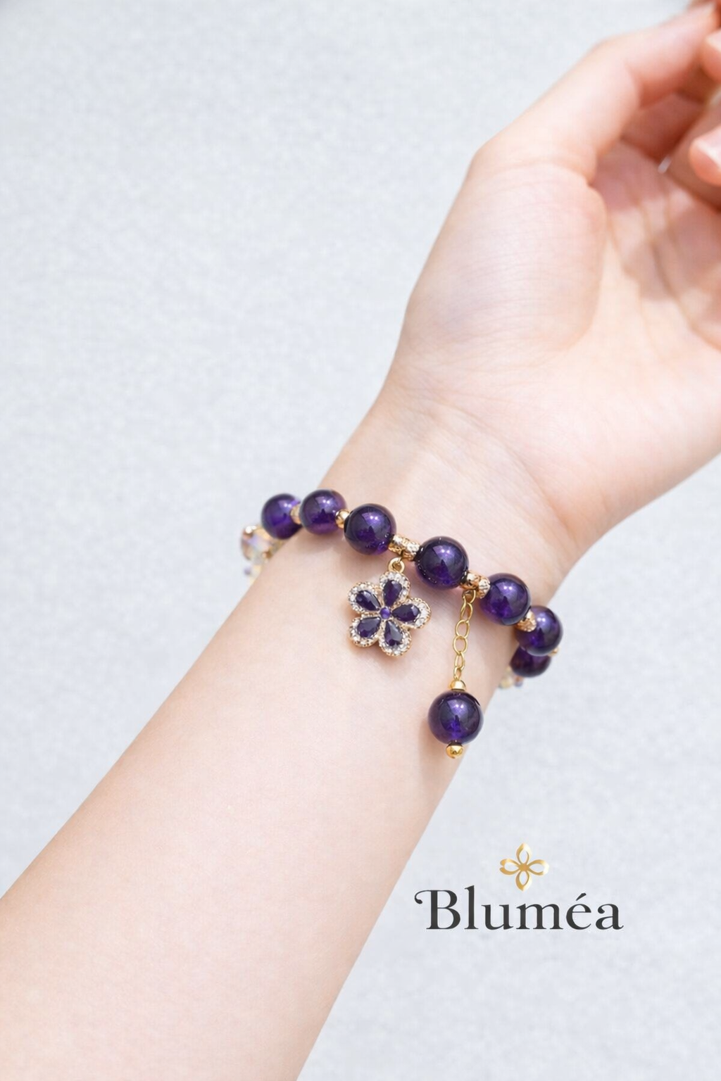 Natural Amethyst Bracelet • Purple Crystal Beaded Bracelet • Handmade Gemstone Jewelry • Floral Charm Bracelet • Gift for Her