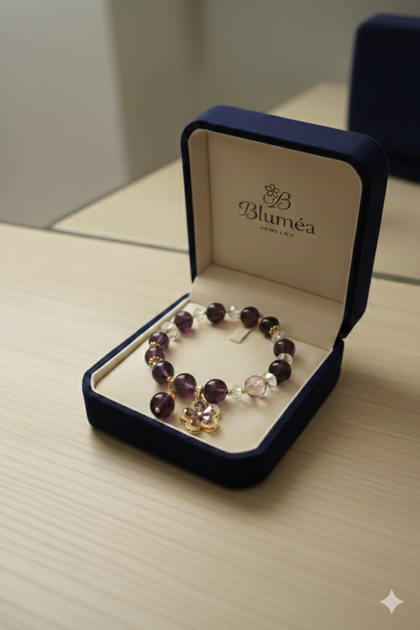Natural Amethyst Bracelet • Purple Crystal Beaded Bracelet • Handmade Gemstone Jewelry • Floral Charm Bracelet • Gift for Her