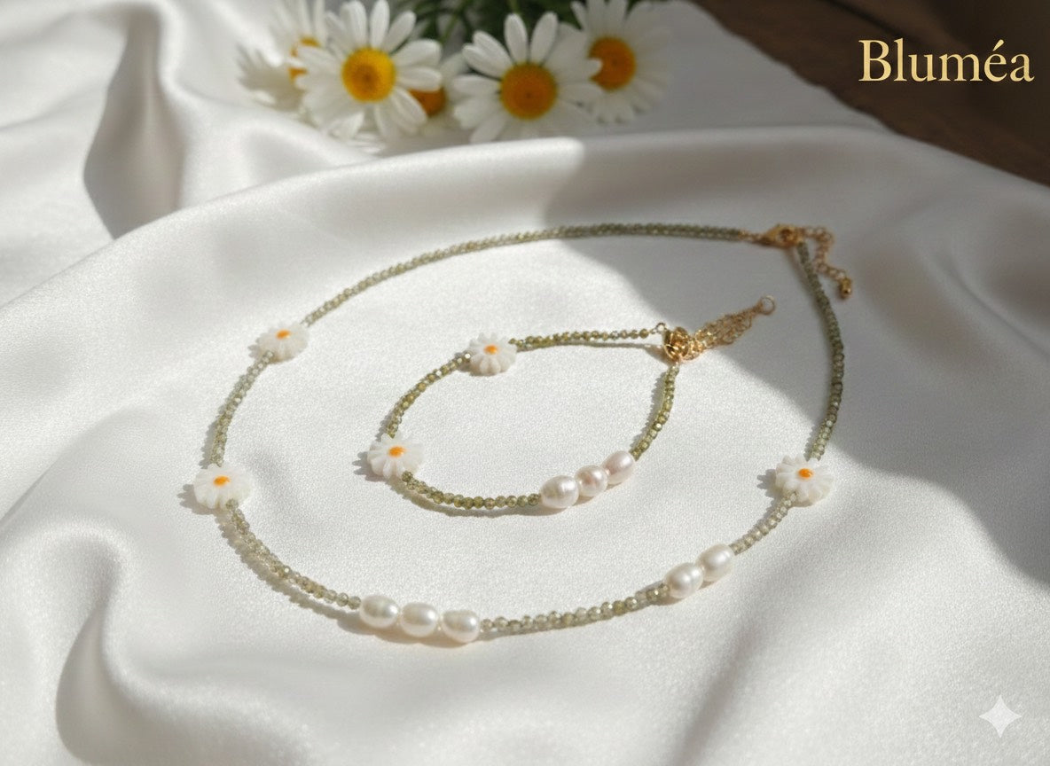 Bluméa Daisy Pearl Necklace & Bracelet Set – Freshwater Pearl & Shell Floral Jewelry