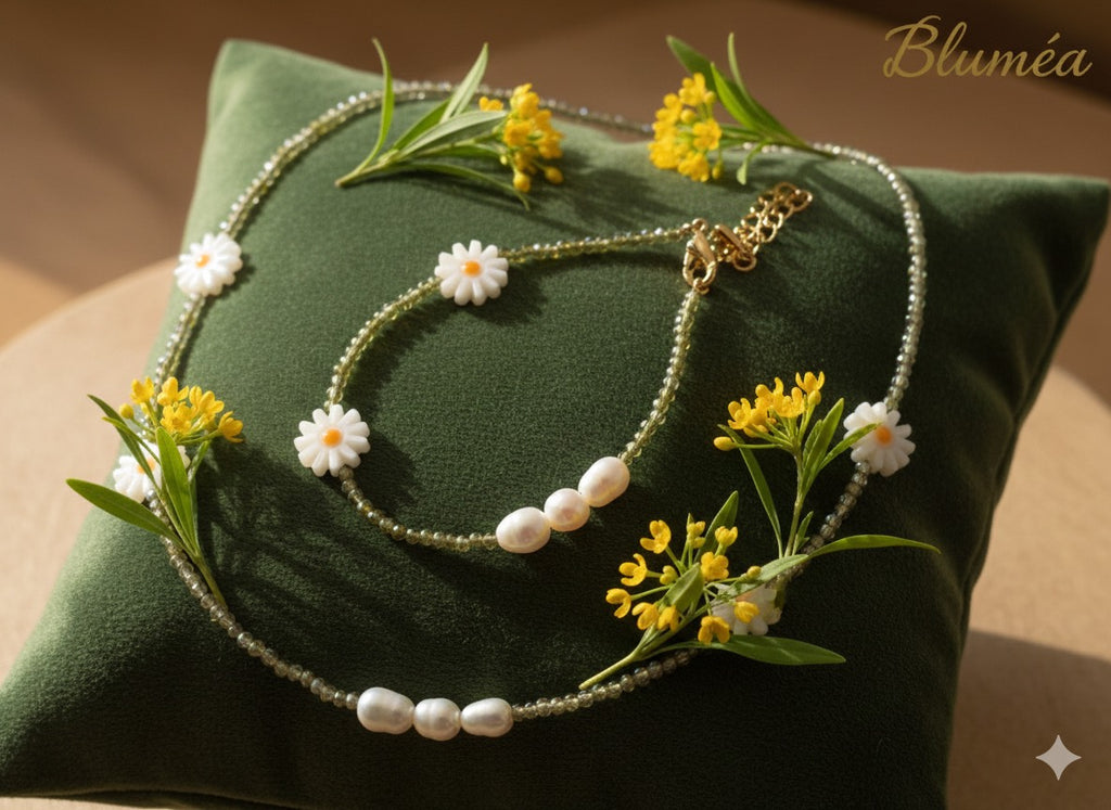 Bluméa Daisy Pearl Necklace & Bracelet Set – Freshwater Pearl & Shell Floral Jewelry