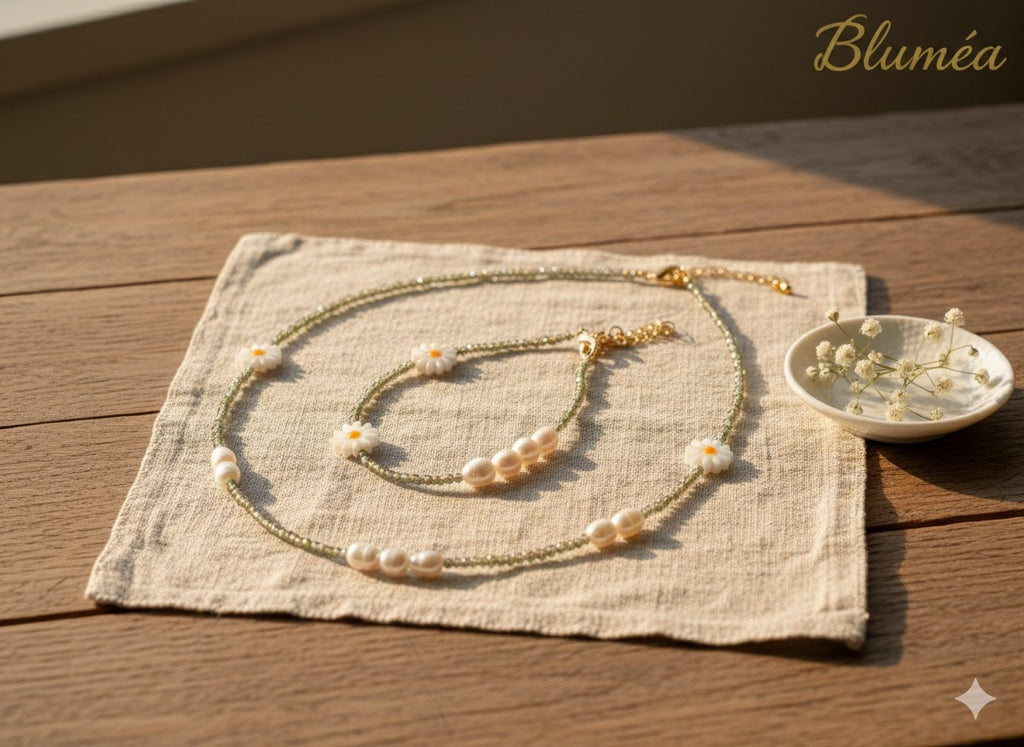 Bluméa Daisy Pearl Necklace & Bracelet Set – Freshwater Pearl & Shell Floral Jewelry