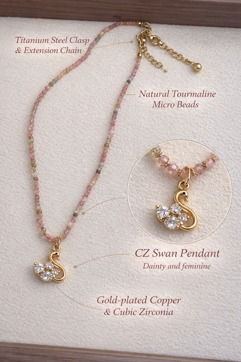 Bluméa Natural Tourmaline Swan Necklace – CZ Gold Pendant