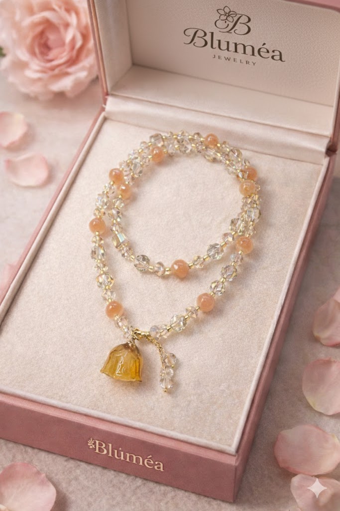 Golden Rose – Natural Candy Agate & Dried Rose Pendant Necklace