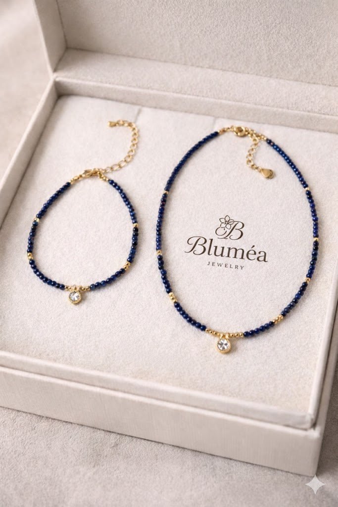 Bluméa Faceted Lapis Lazuli Jewelry Set – Gold-Plated Beaded Necklace & Bracelet with Cubic Zirconia Pendant